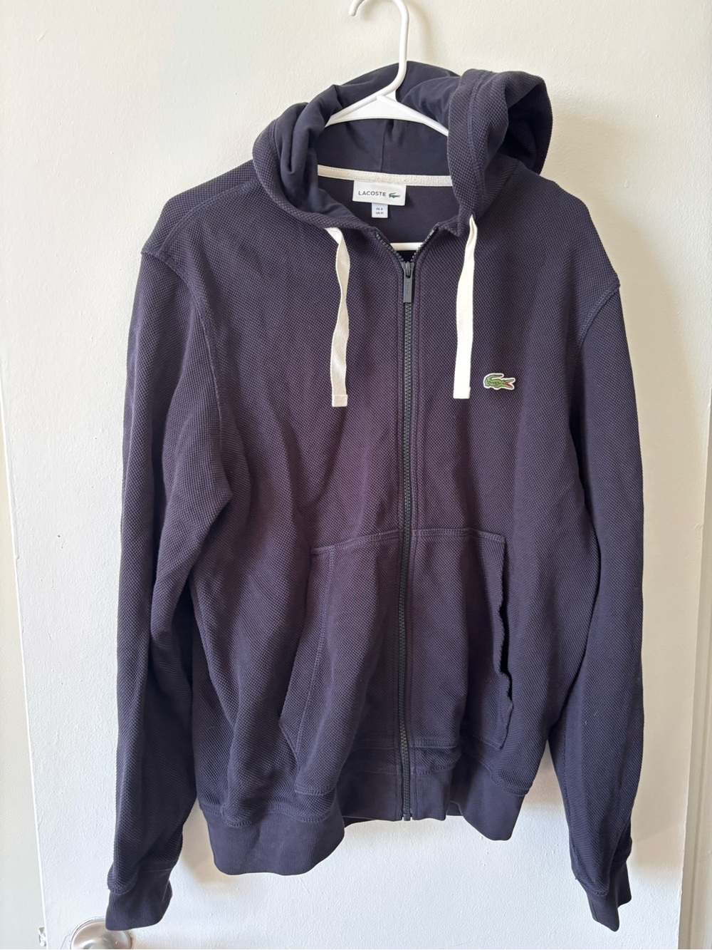 Lacoste Men's Dark Navy Full-Zip Hoodie with White Drawstrings